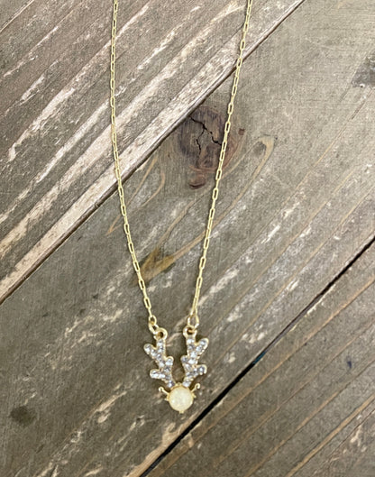 Reindeer Opal Pendant on a Gold Chain Necklace