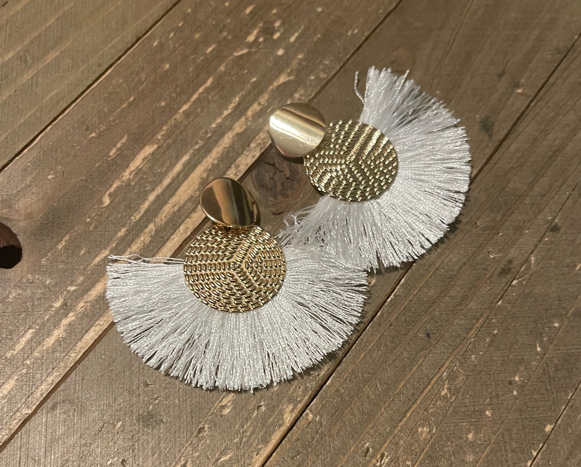 White Fringe with gold round accents Stud EarringsPink tiful of LOVE