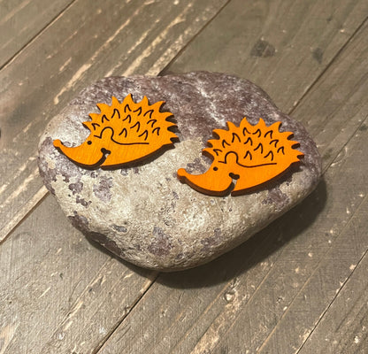Orange Wooden Hedgehog Stud Earrings