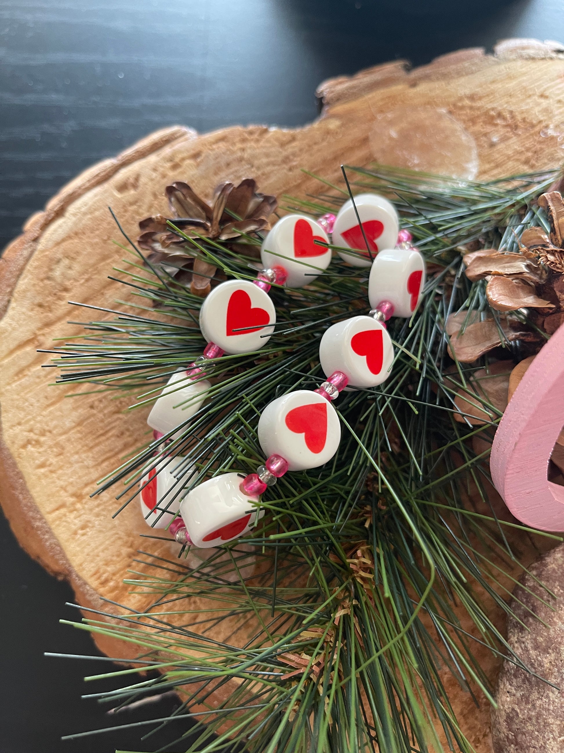 Heart Ceramic Red and White Beaded Elastic/Stretch Bracelet-10Pink tiful of LOVE