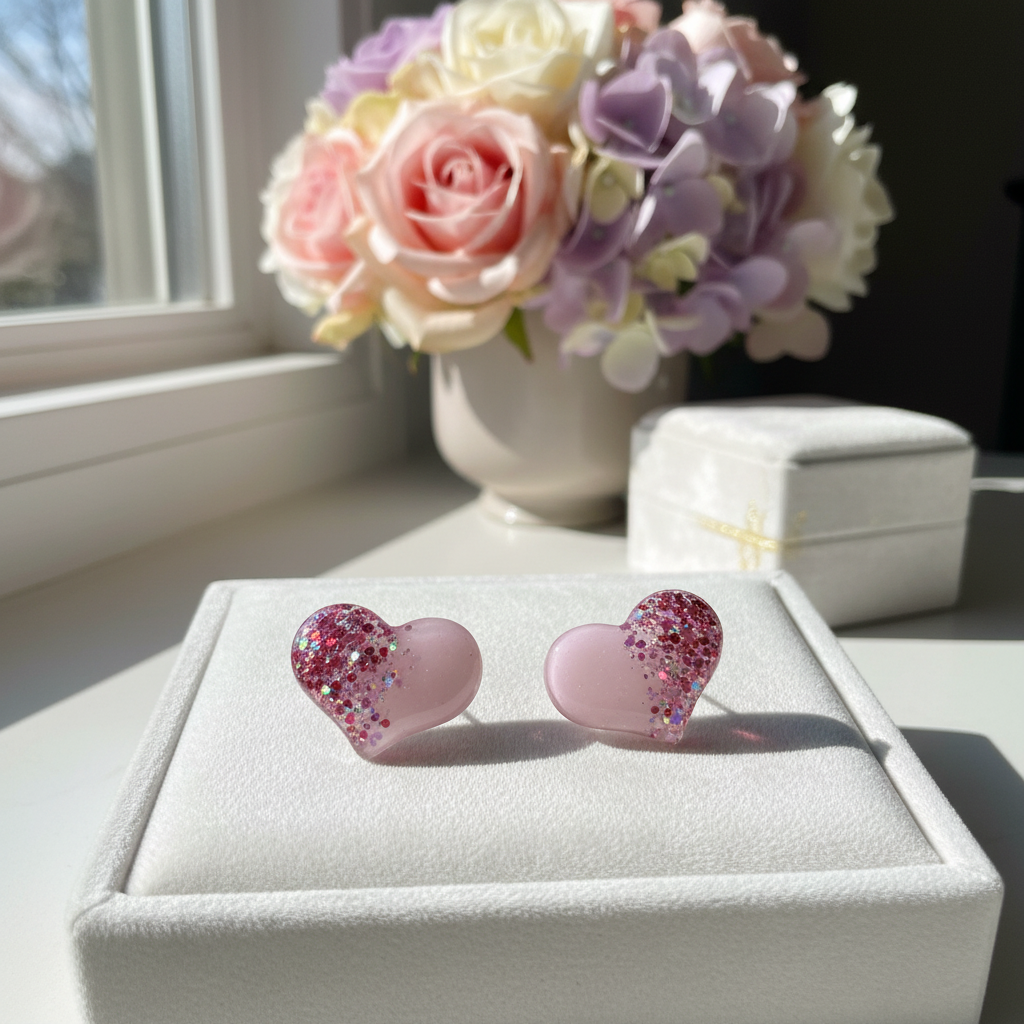 Purple Heart Stud Earrings – Lavender Acrylic with Glitter
