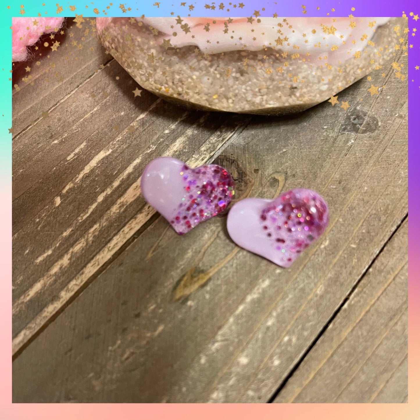 Purple Heart Stud Earrings – Lavender Acrylic with Glitter