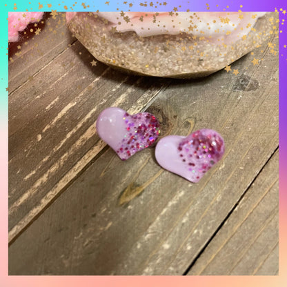 Purple Heart Stud Earrings – Lavender Acrylic with Glitter