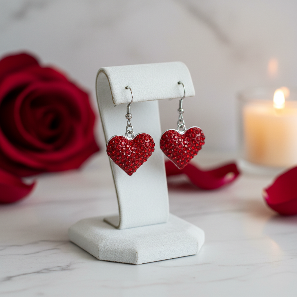 Valentine’s Day Red Pavé Heart Wire Earrings – Sparkling Rhinestone Dangles
