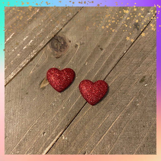 Red Glitter Heart Stud Earrings – Sparkly Valentine’s Day Heart Posts, Romantic Gift for Her, Love Jewelry Glitter Heart Post Earrings