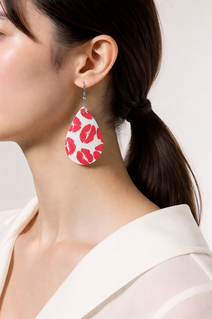 Valentine Heart Teardrop Earrings – Faux Leather Kiss Print Earrings