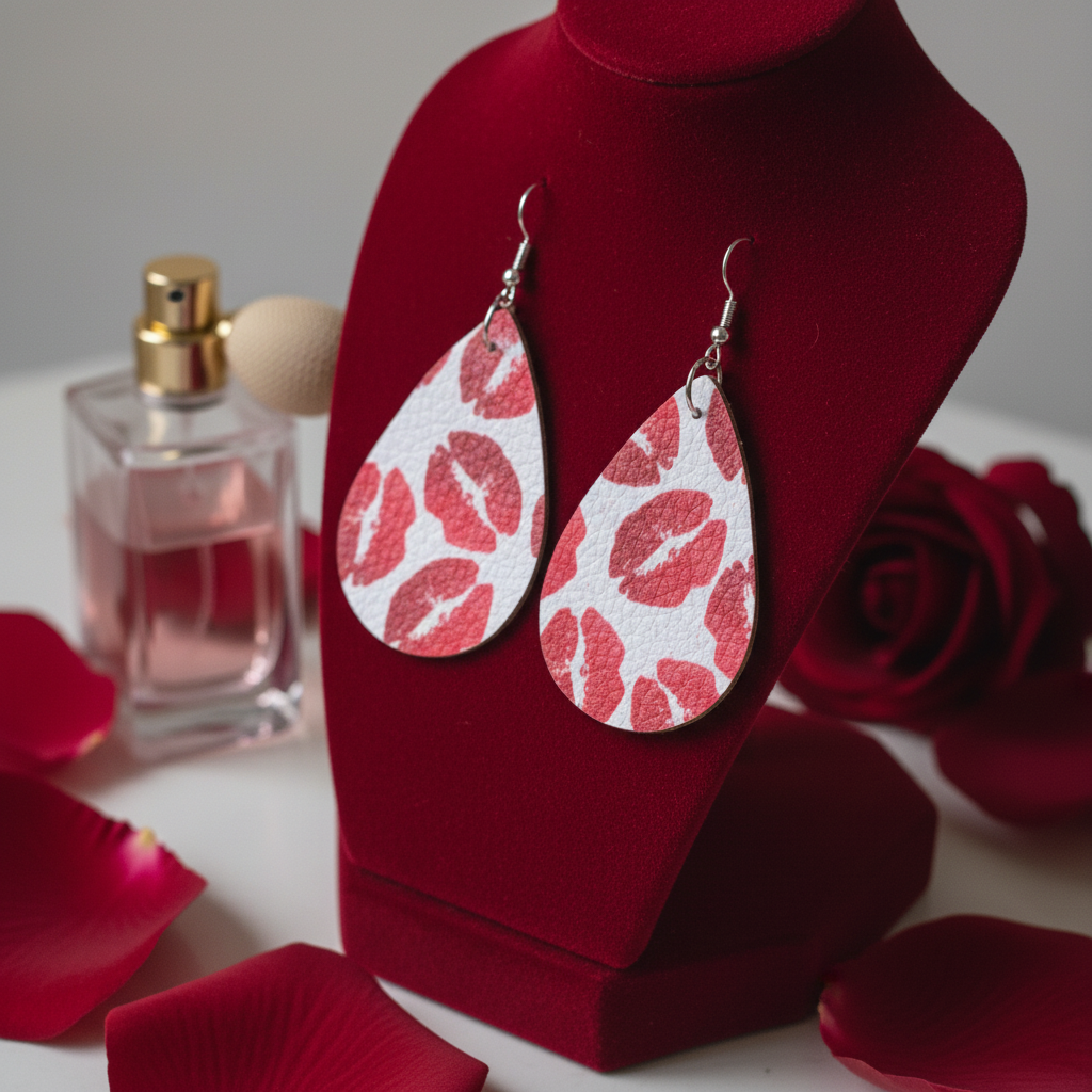 Valentine Heart Teardrop Earrings – Faux Leather Kiss Print Earrings