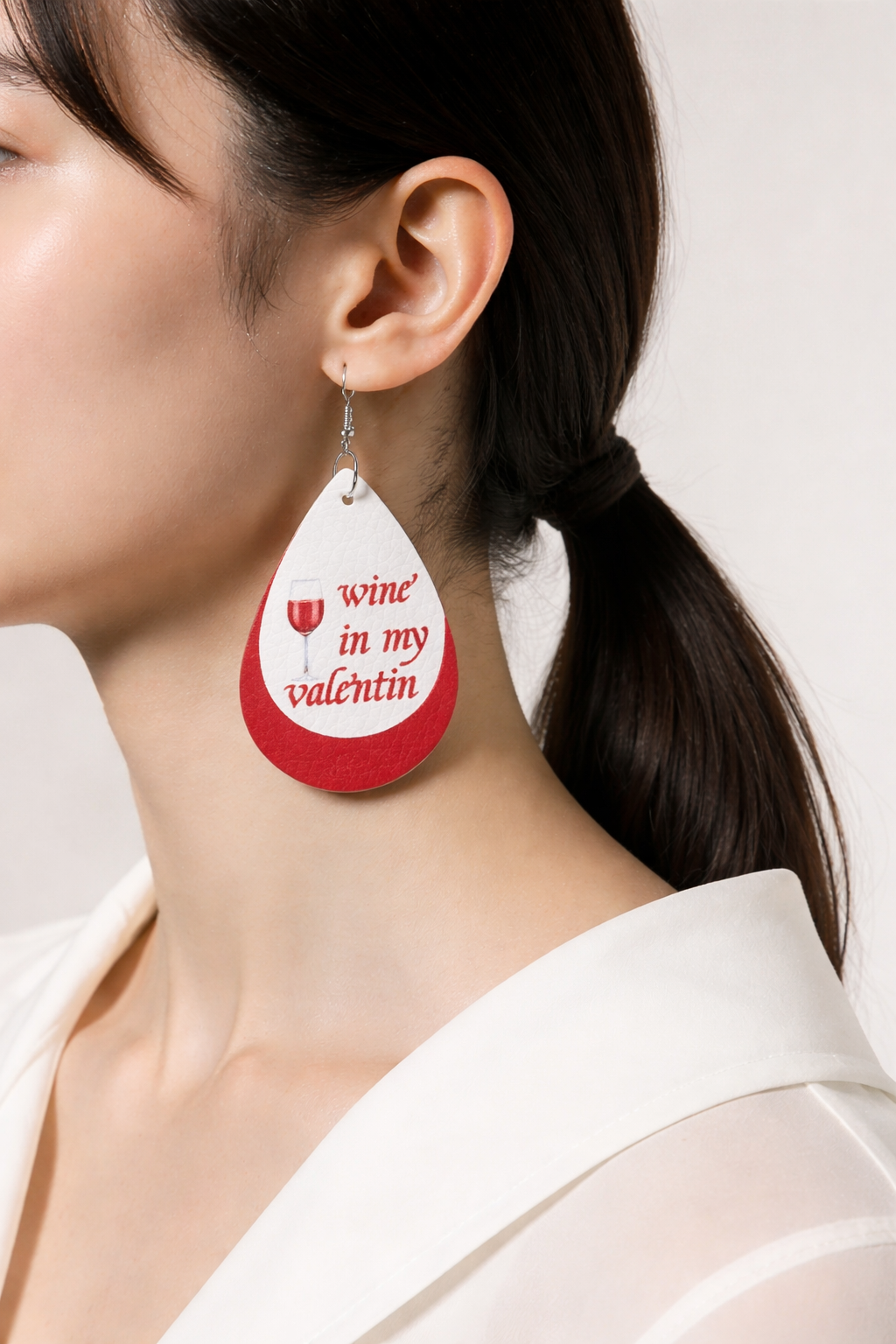 Wine Valentine Faux Leather Teardrop Earrings