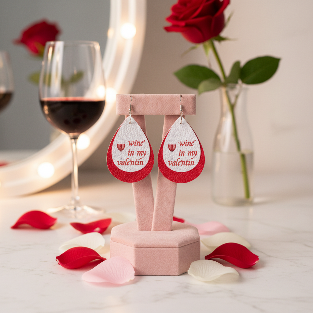Wine Valentine Faux Leather Teardrop Earrings