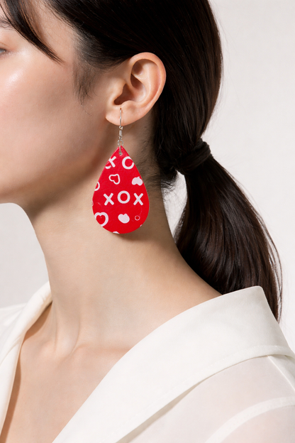 Valentine Hearts Faux Leather Teardrop Earrings -Hearts & XOXO