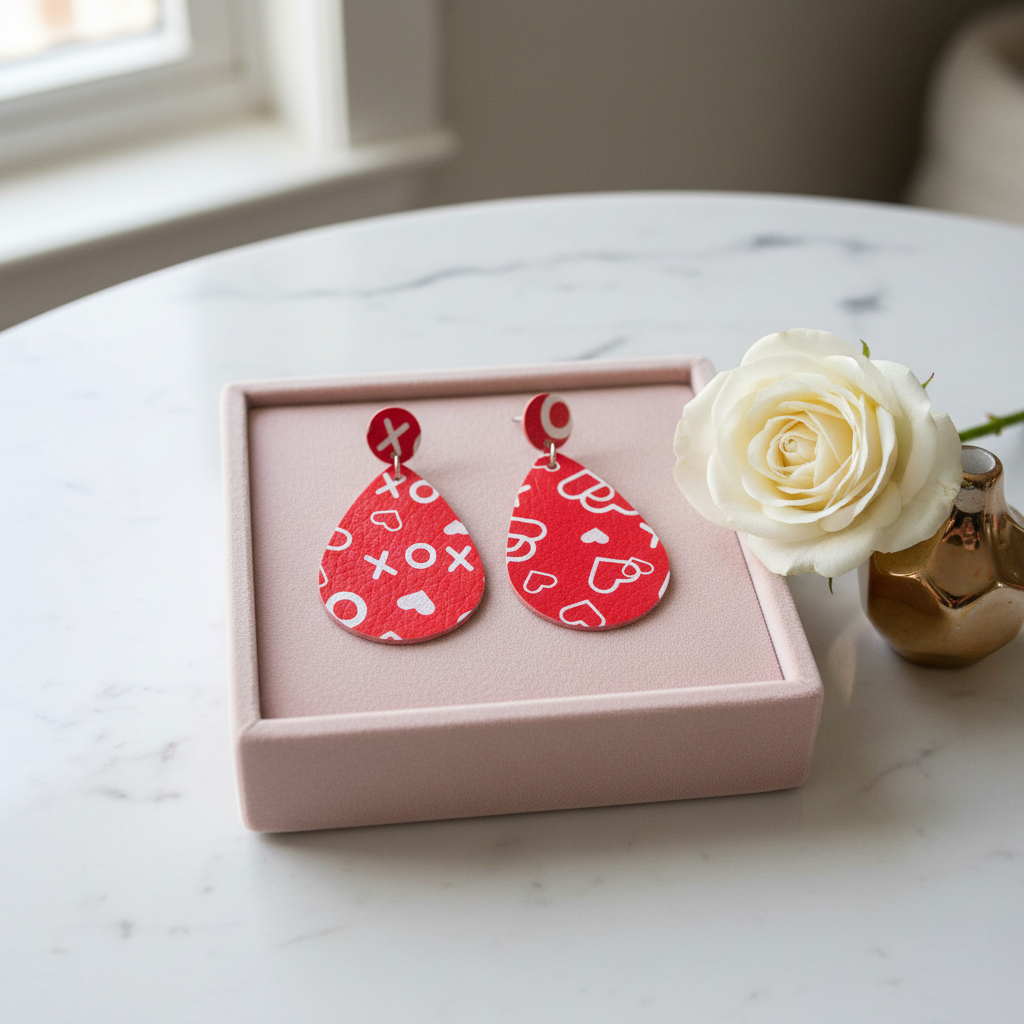 Valentine Hearts Faux Leather Teardrop Earrings -Hearts & XOXO