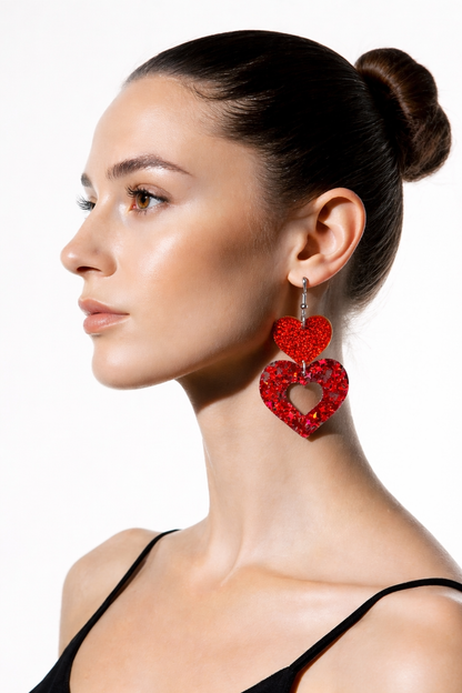 Red Stacked Heart Wire Earrings – Glitter & Star Sequin Resin Hearts