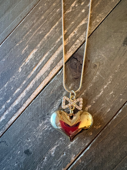 Gold Puffy Heart Necklace with Rhinestone Bow – Romantic Heart Pendant on Gold Snake Chain
