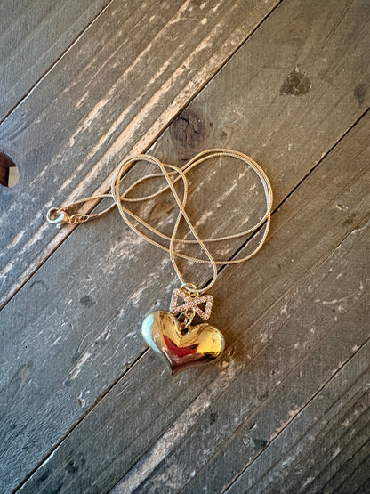 Gold Puffy Heart Necklace with Rhinestone Bow – Romantic Heart Pendant on Gold Snake Chain