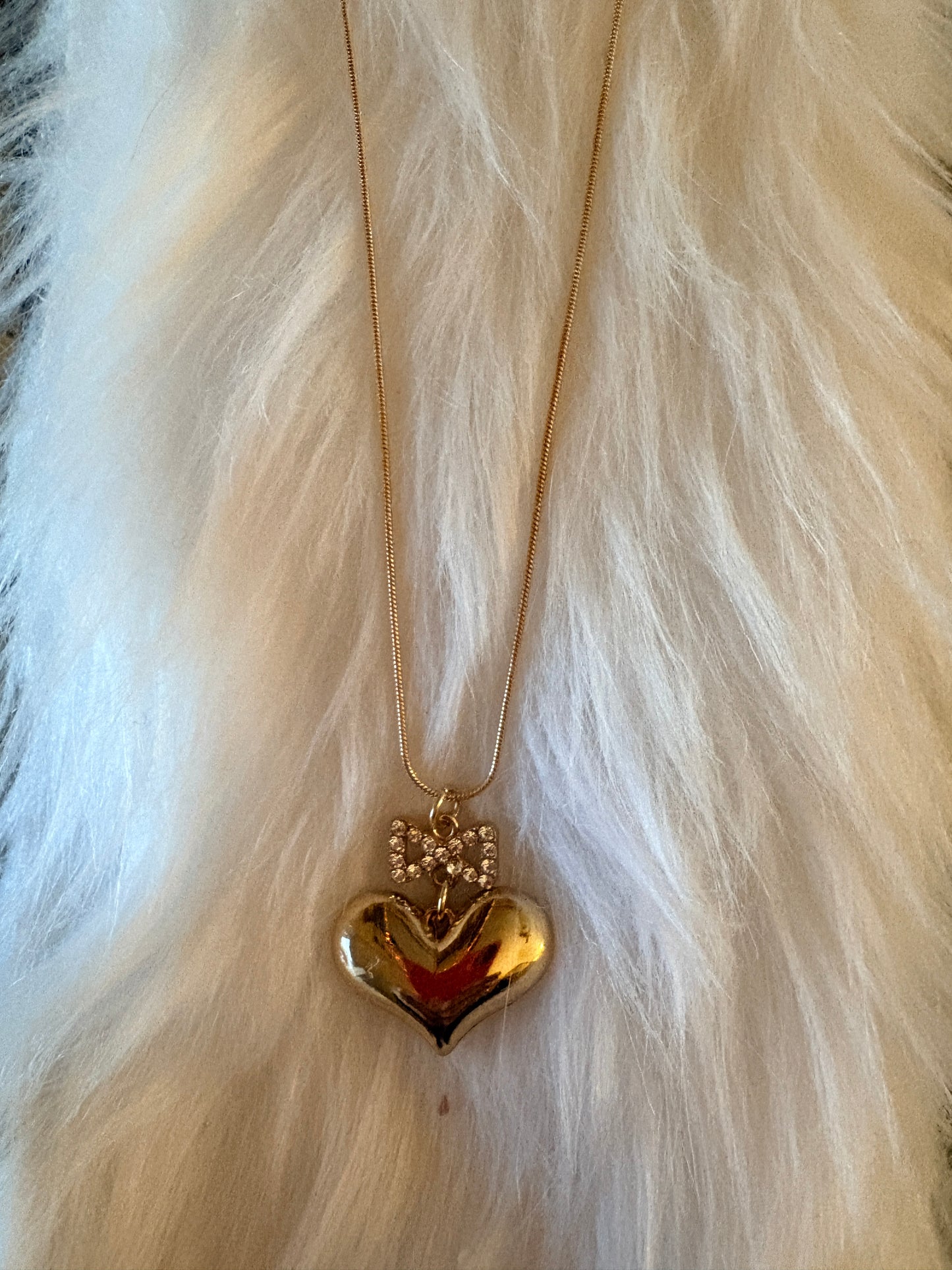 Gold Puffy Heart Necklace with Rhinestone Bow – Romantic Heart Pendant on Gold Snake Chain