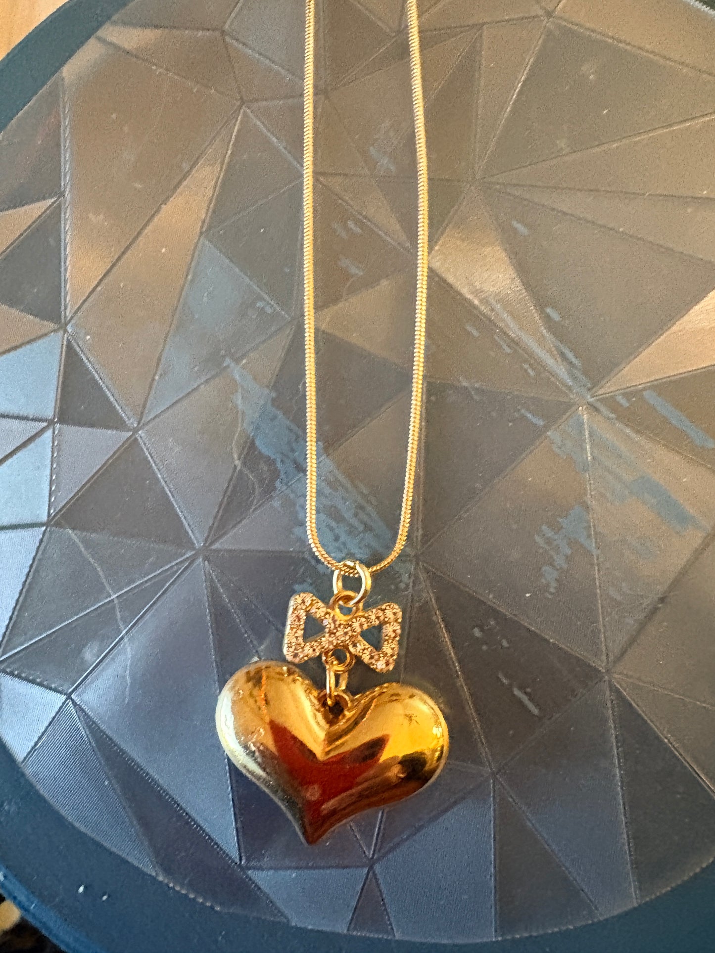 Gold Puffy Heart Necklace with Rhinestone Bow – Romantic Heart Pendant on Gold Snake Chain