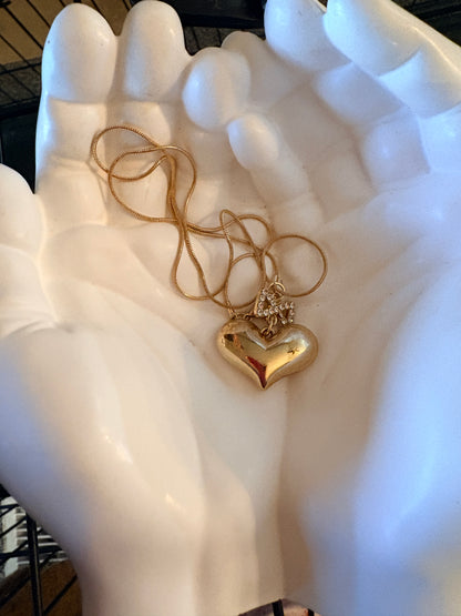 Gold Puffy Heart Necklace with Rhinestone Bow – Romantic Heart Pendant on Gold Snake Chain