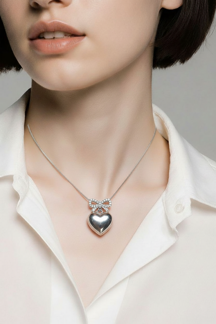 Gold Puffy Heart Necklace with Rhinestone Bow – Romantic Heart Pendant on Gold Snake Chain