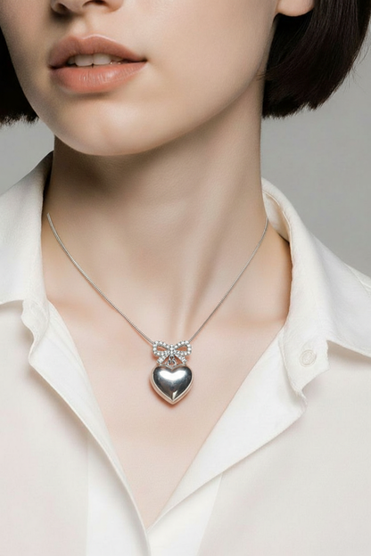 Gold Puffy Heart Necklace with Rhinestone Bow – Romantic Heart Pendant on Gold Snake Chain