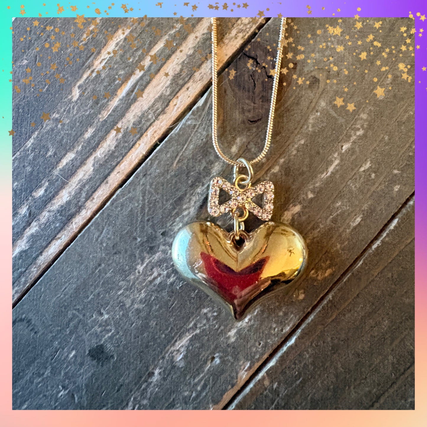 Gold Puffy Heart Necklace with Rhinestone Bow – Romantic Heart Pendant on Gold Snake Chain