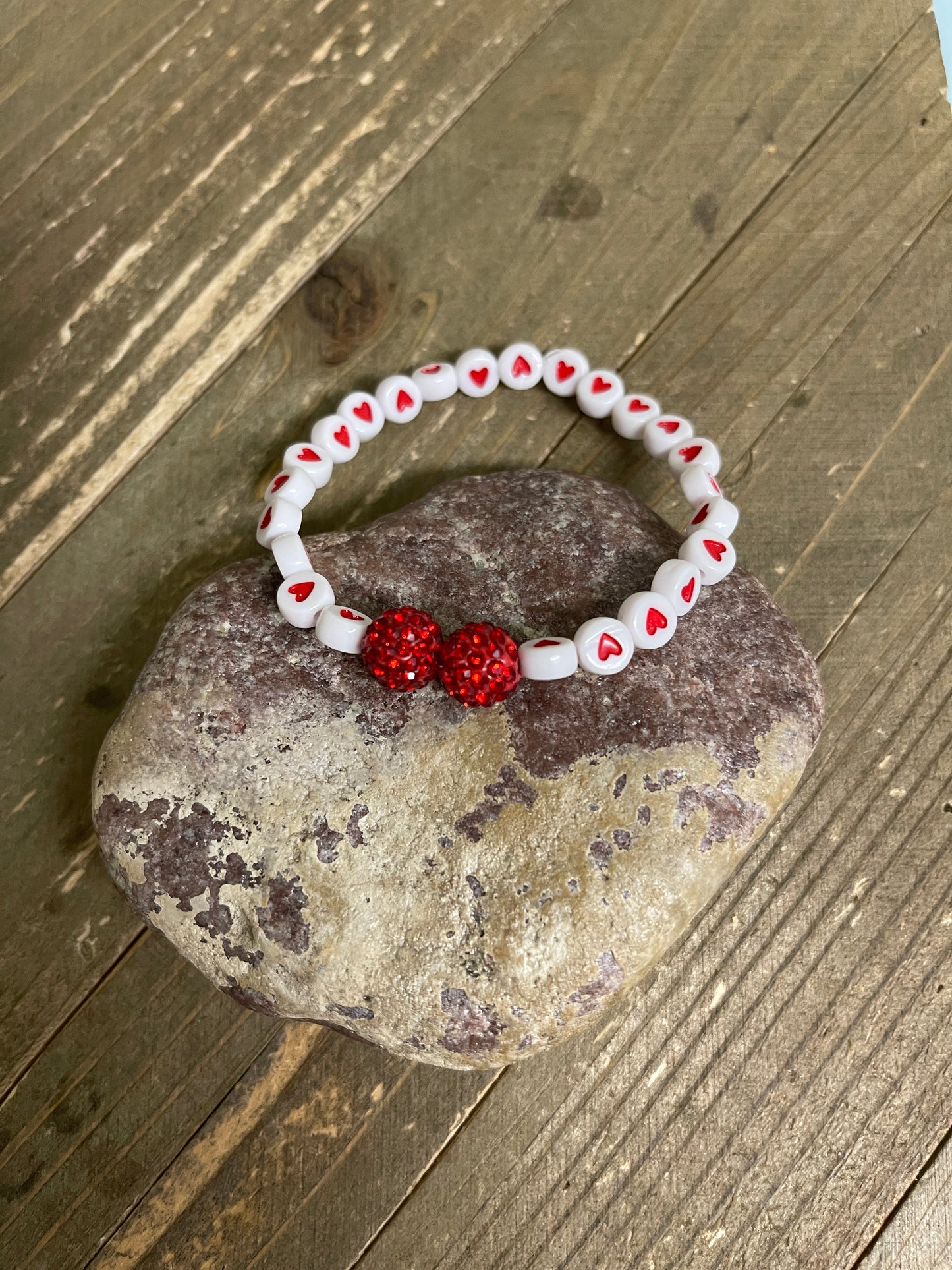Red and White Ceramic Heart Bead Elastic/Stretch Bracelet-7
