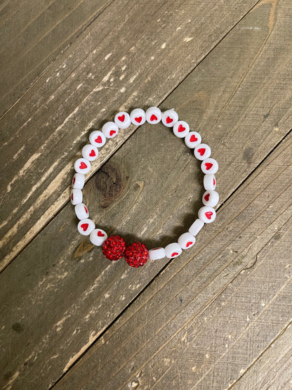 Red and White Ceramic Heart Bead Elastic/Stretch Bracelet-7