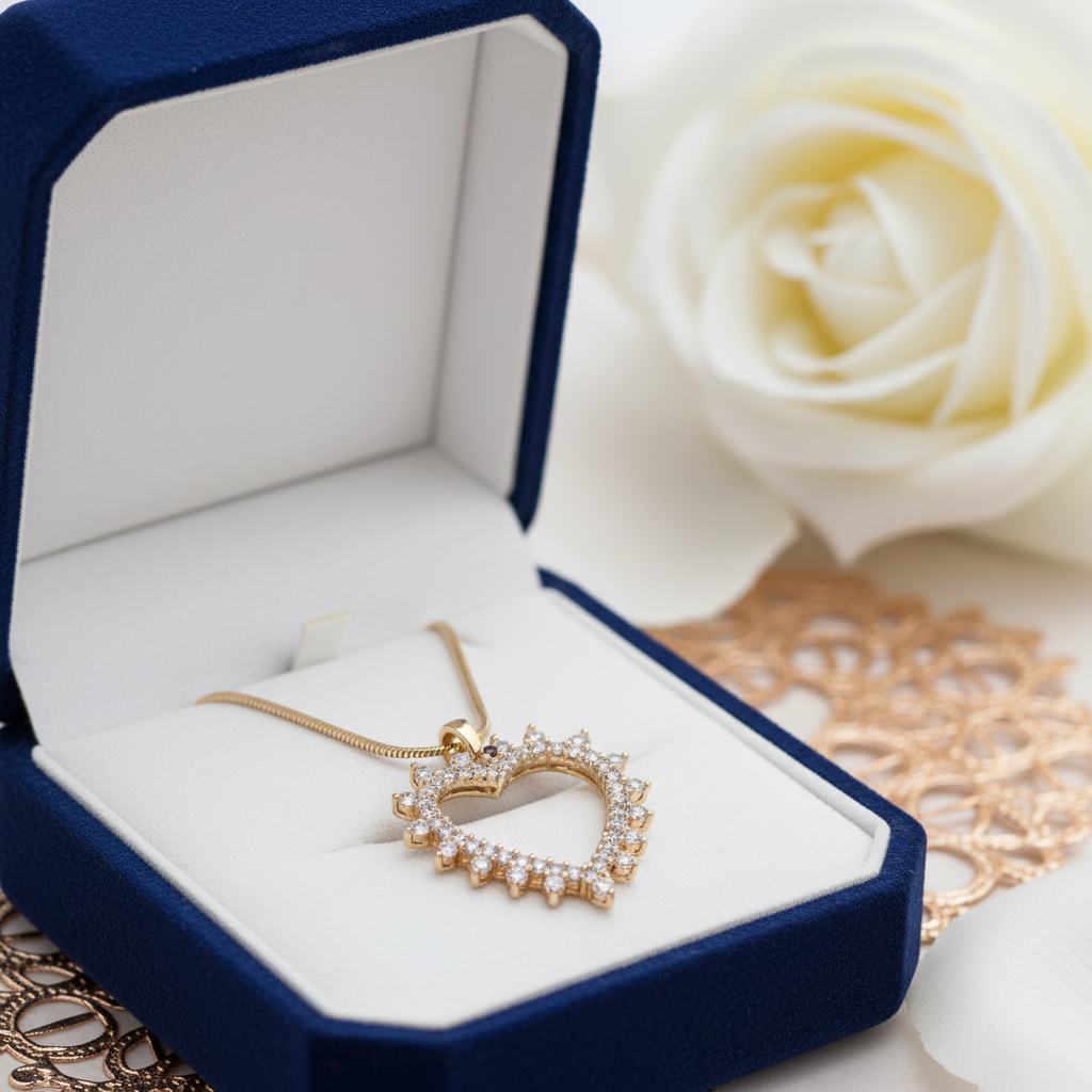 Rhinestone & Pearl Open Heart Necklace on Gold Snake Chain – Elegant Heart Pendant