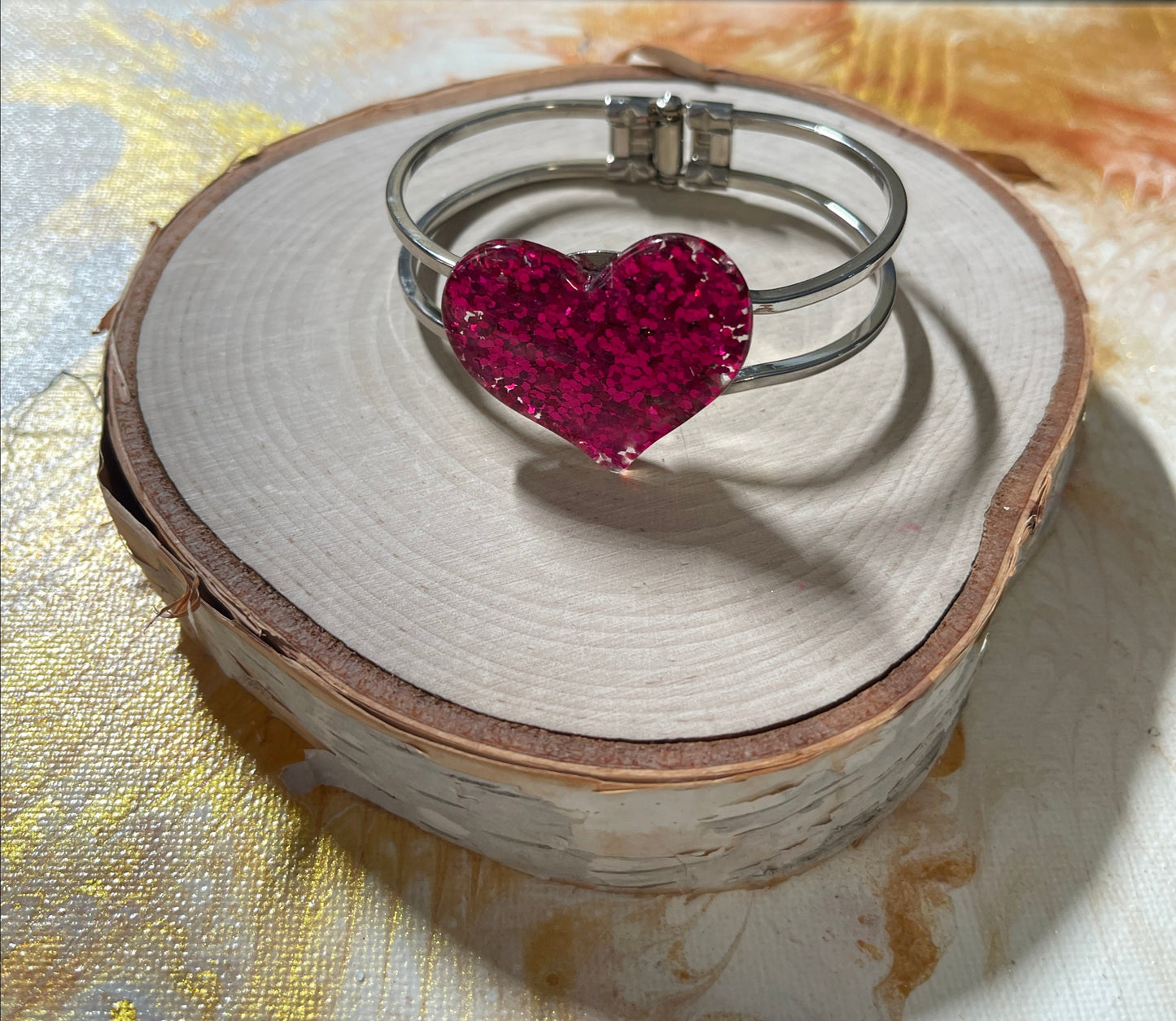 Red Glitter Heart on a silver hinged bracelet-Valentine Jewelry