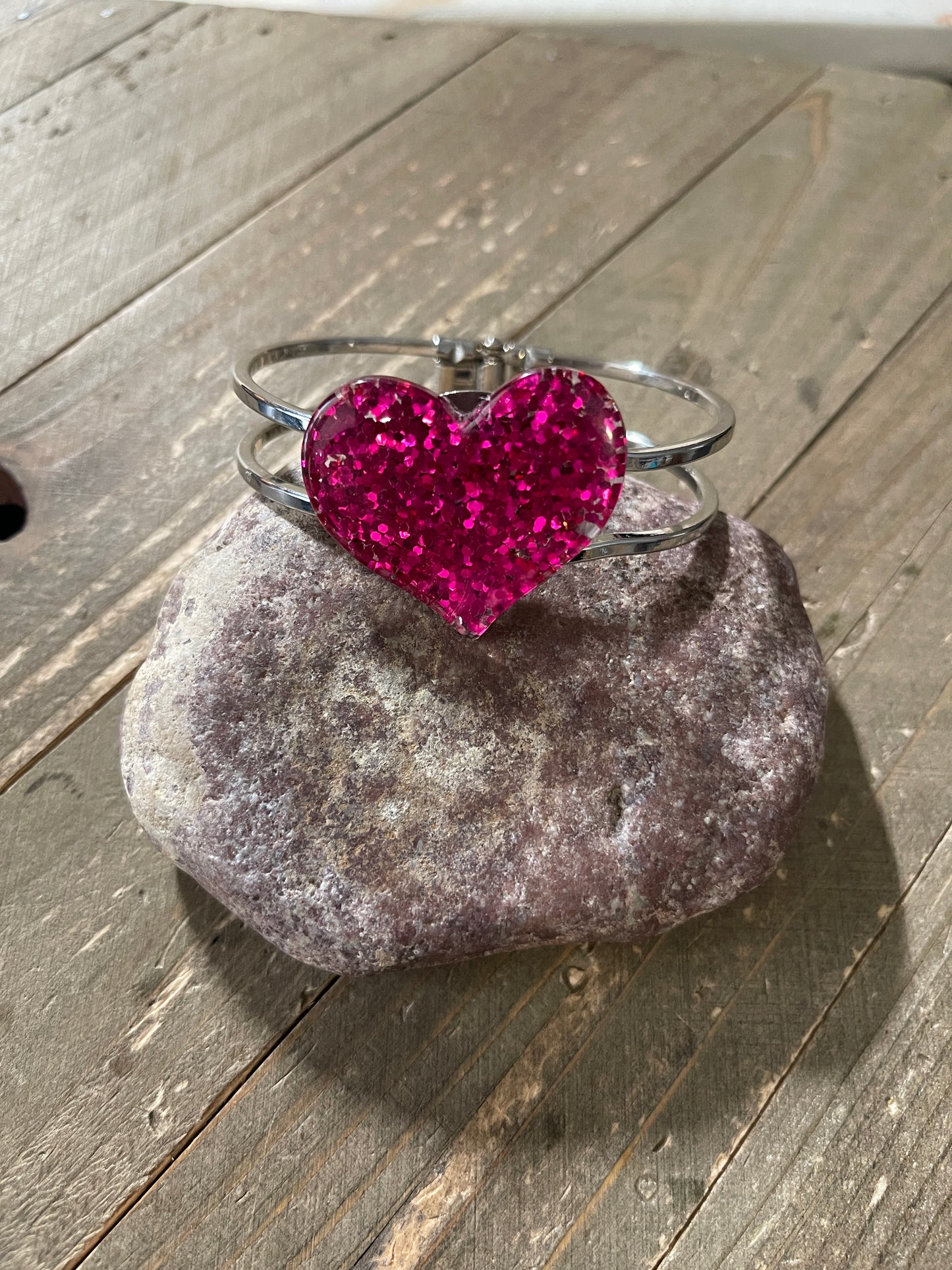 Red Glitter Heart on a silver hinged bracelet-Valentine Jewelry