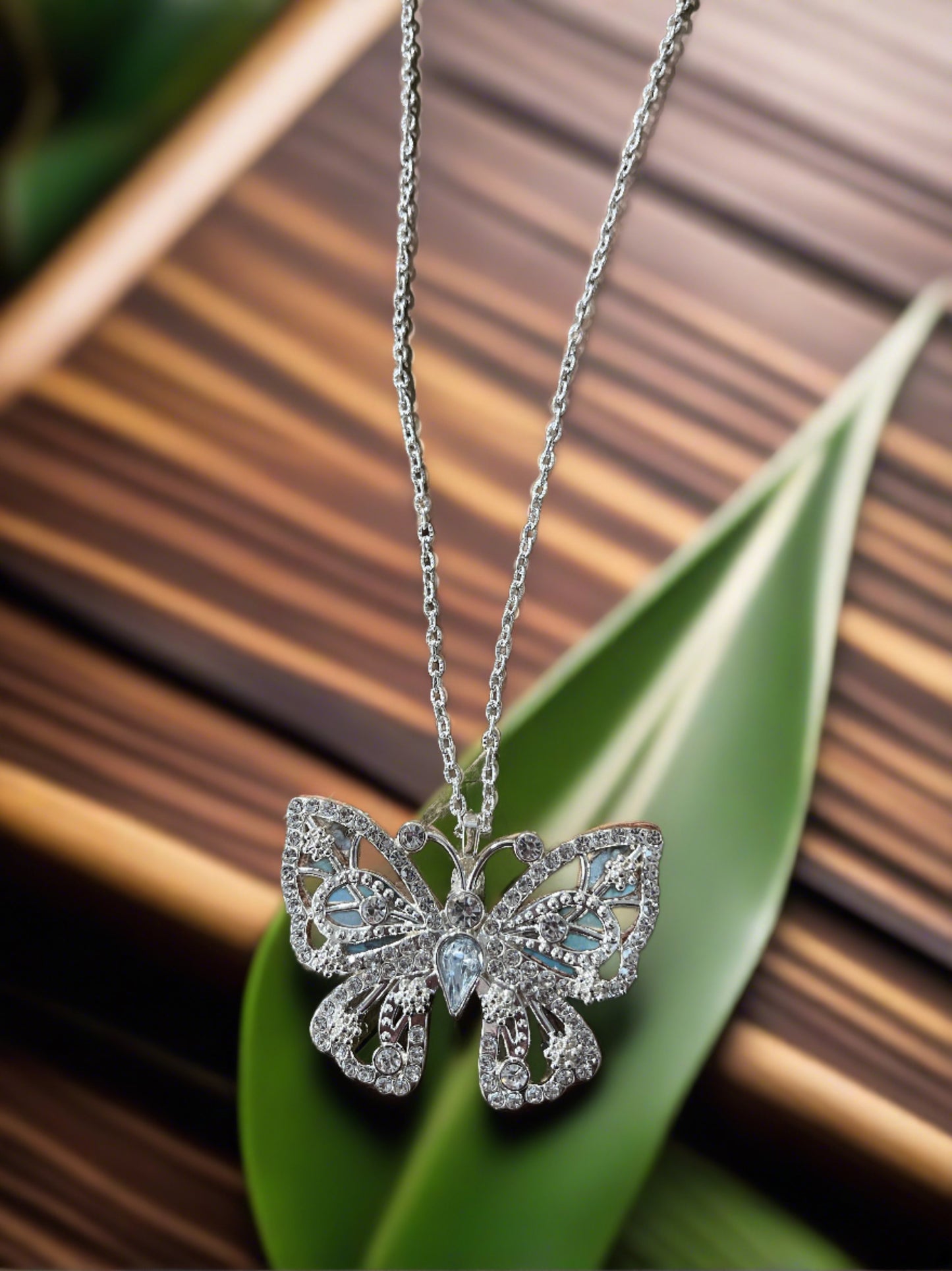 Rhinestone Butterfly Pendant on a Silver chain Necklace