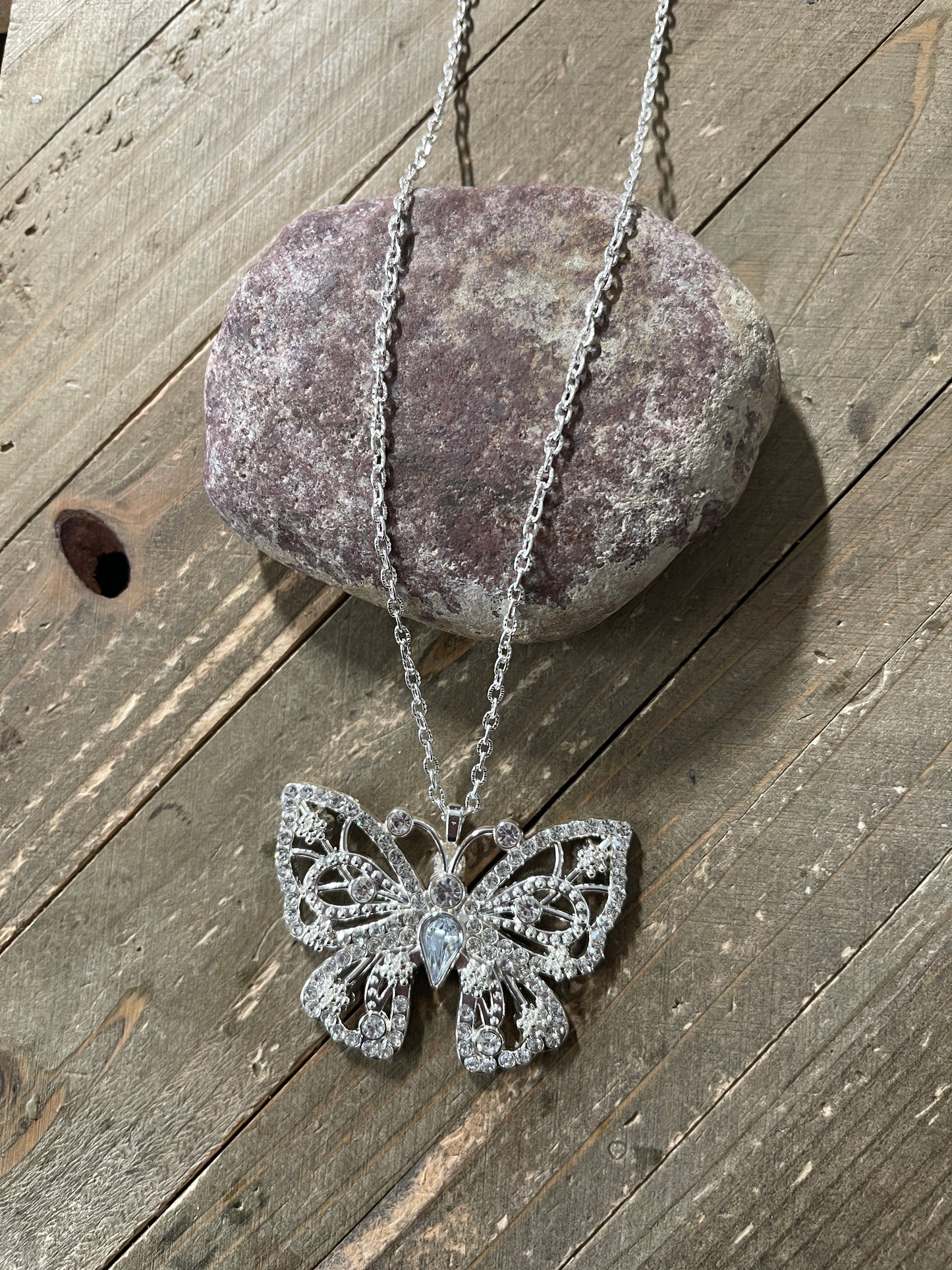 Rhinestone Butterfly Pendant on a Silver chain Necklace