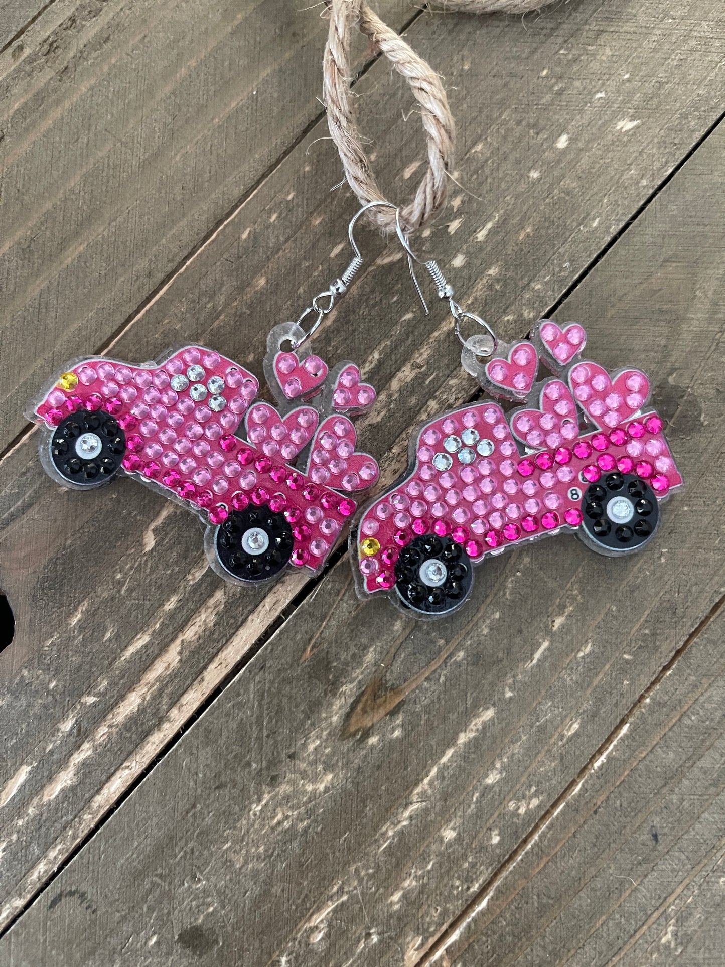 Diamond Art Valentine Truck with Hearts Wire Earrings – Pink Gemstone Dangle Earrings