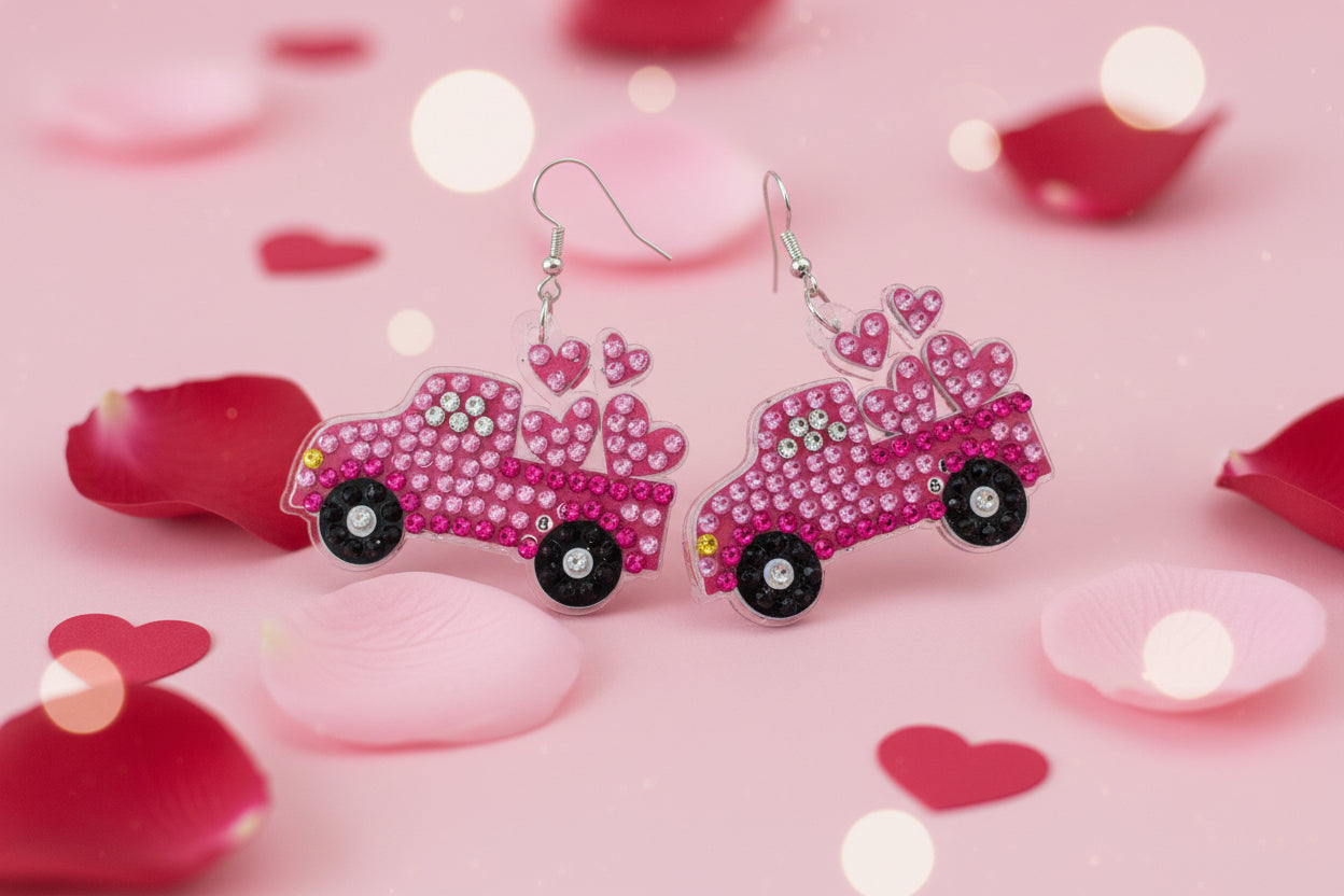 Diamond Art Valentine Truck with Hearts Wire Earrings – Pink Gemstone Dangle Earrings