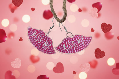 Diamond Art Valentine “Kiss Me” Lips Wire Earrings – Pink Gemstone Dangle Earrings