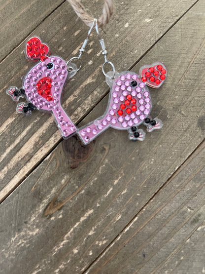 Diamond Art Valentine Love Birds Wire Earrings – Pink & Red Gemstone Dangle Earrings
