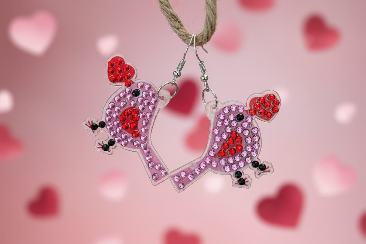 Diamond Art Valentine Love Birds Wire Earrings – Pink & Red Gemstone Dangle Earrings