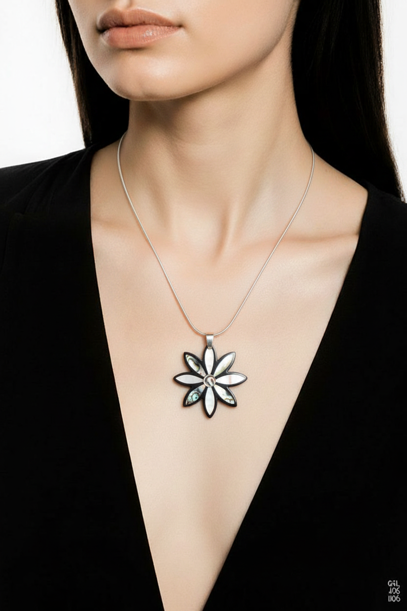 Flower Shell Pendant Necklace on Silver Snake Chain – Iridescent Mother of Pearl Floral Jewelry
