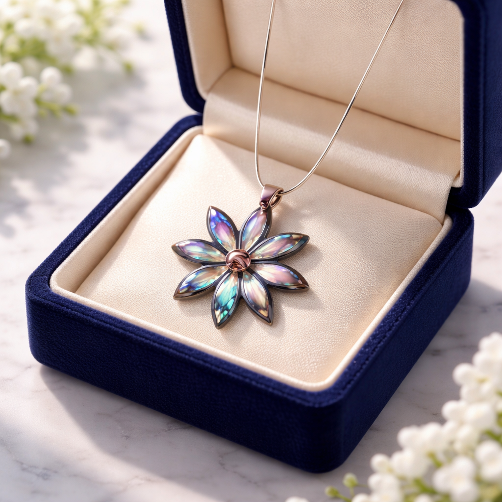 Flower Shell Pendant Necklace on Silver Snake Chain – Iridescent Mother of Pearl Floral Jewelry