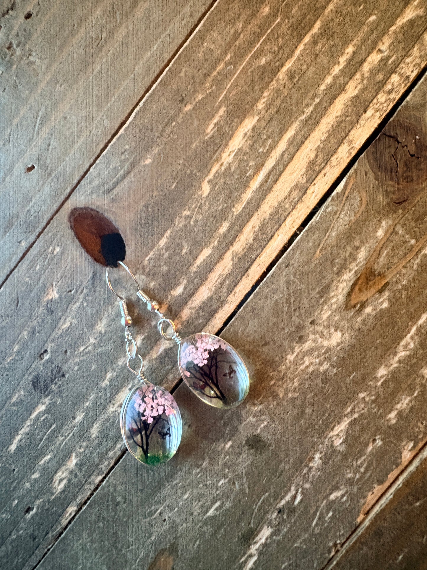 Dry Flower Tree & Butterfly Oval Charm Earrings – Silver Wire Dangles