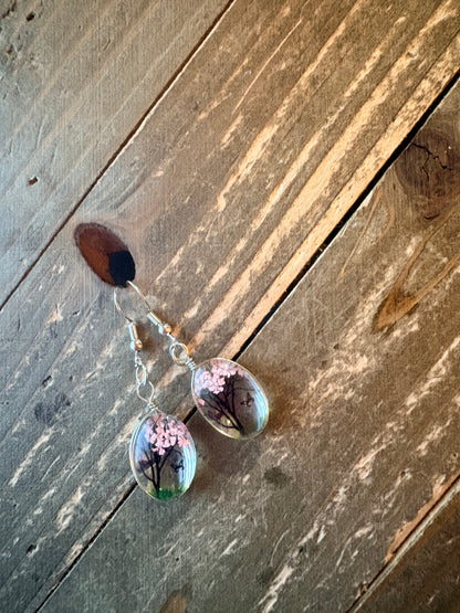 Dry Flower Tree & Butterfly Oval Charm Earrings – Silver Wire Dangles