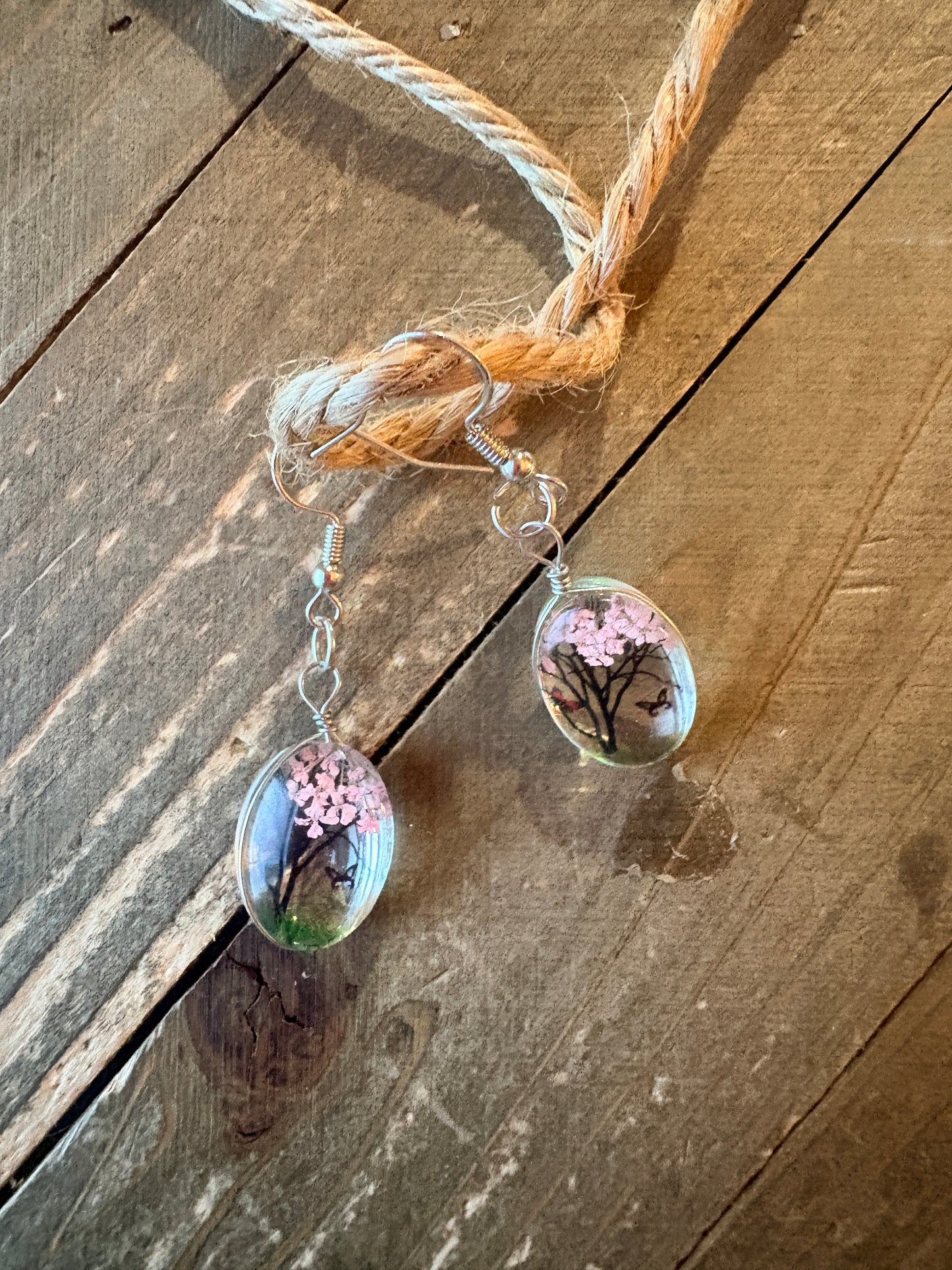Dry Flower Tree & Butterfly Oval Charm Earrings – Silver Wire Dangles