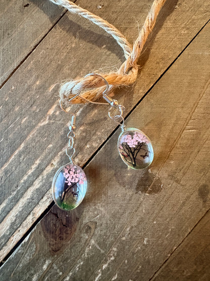 Dry Flower Tree & Butterfly Oval Charm Earrings – Silver Wire Dangles