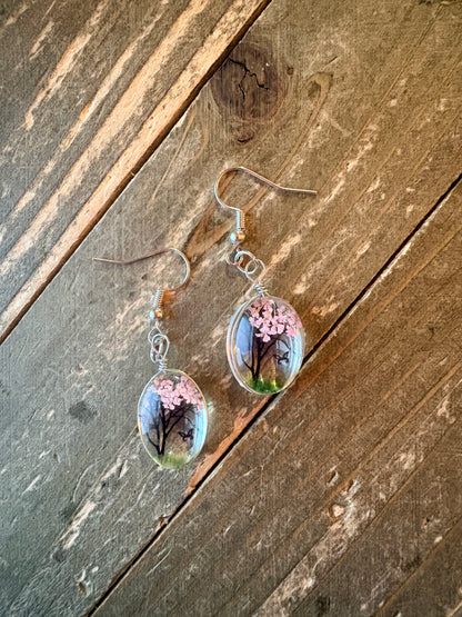Dry Flower Tree & Butterfly Oval Charm Earrings – Silver Wire Dangles