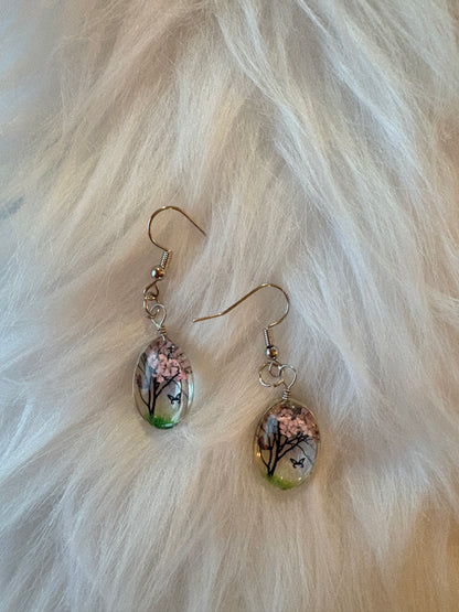 Dry Flower Tree & Butterfly Oval Charm Earrings – Silver Wire Dangles