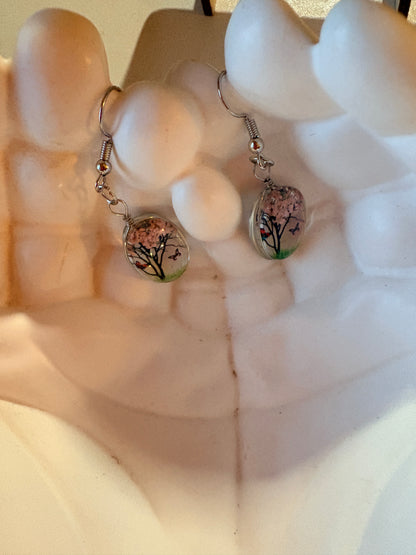 Dry Flower Tree & Butterfly Oval Charm Earrings – Silver Wire Dangles
