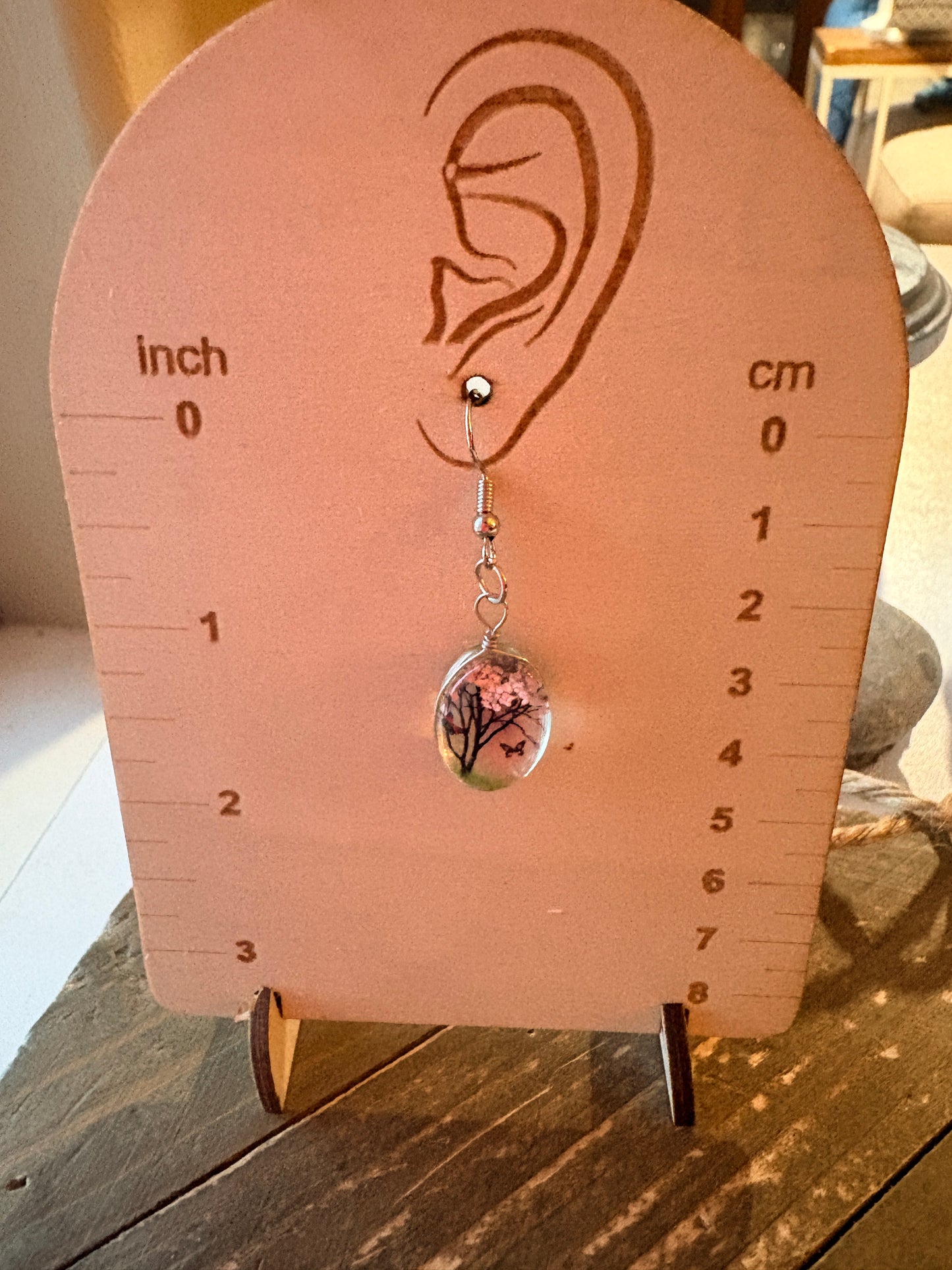 Dry Flower Tree & Butterfly Oval Charm Earrings – Silver Wire Dangles