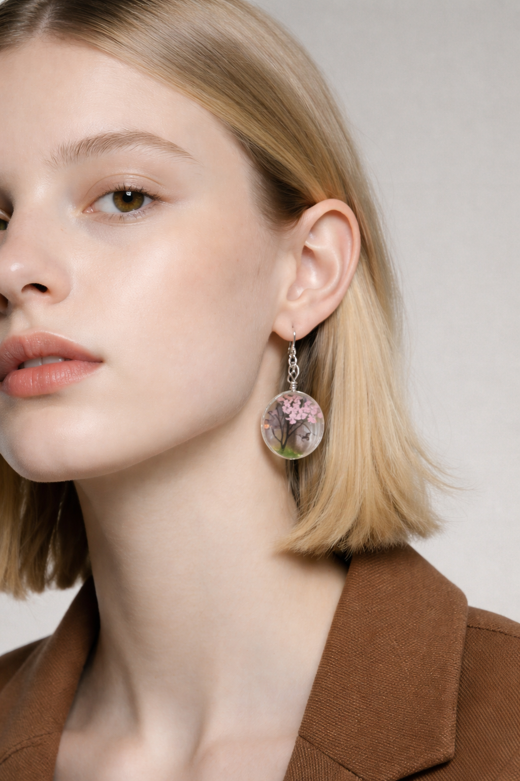 Dry Flower Tree & Butterfly Oval Charm Earrings – Silver Wire Dangles