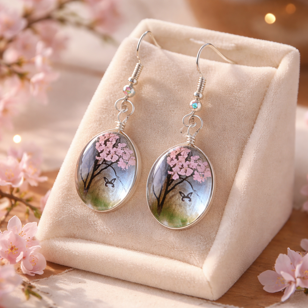 Dry Flower Tree & Butterfly Oval Charm Earrings – Silver Wire Dangles