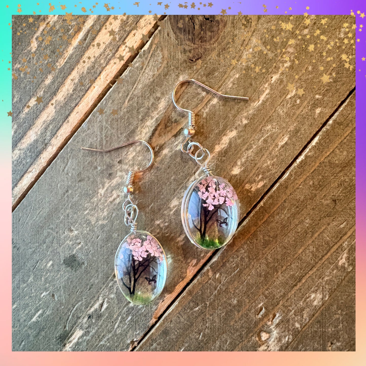 Dry Flower Tree & Butterfly Oval Charm Earrings – Silver Wire Dangles