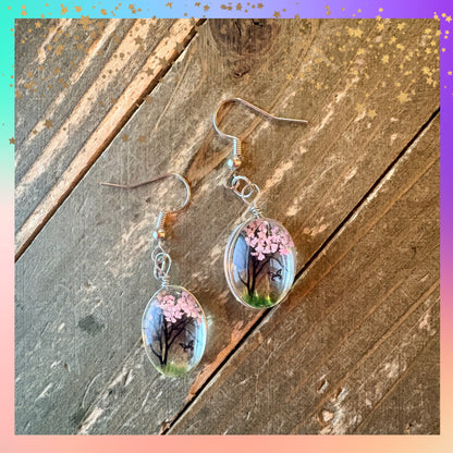 Dry Flower Tree & Butterfly Oval Charm Earrings – Silver Wire Dangles